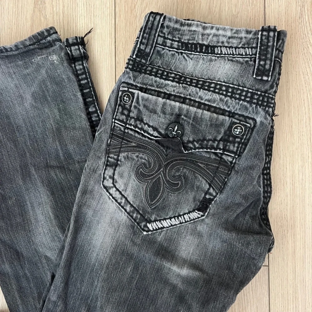 Rock Revival Moe Bootcut Jeans Faded Black Heavy Stitch.  Mens 31
